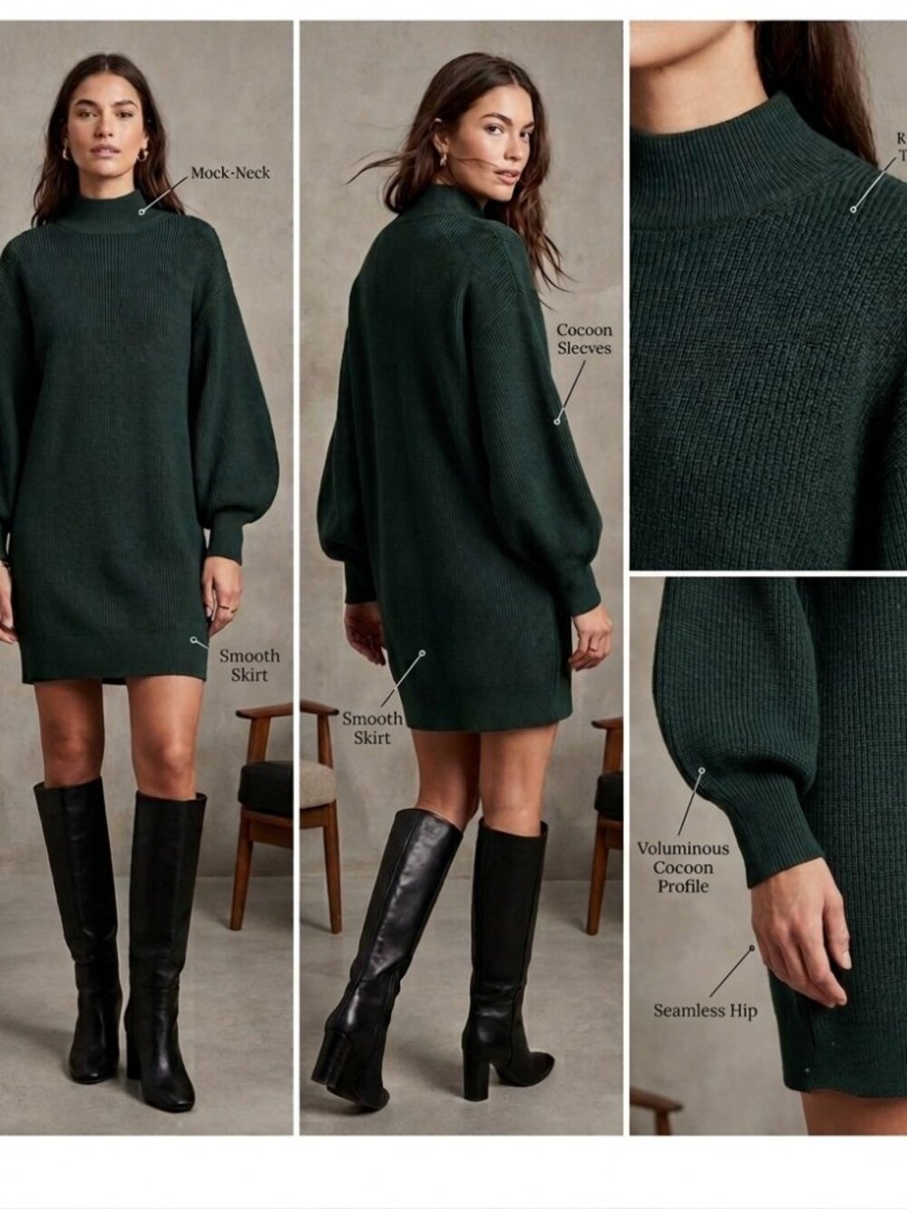Banana Republic 100% Merino Wool Oversized Landa Cocoon Sweater Dress H.Green S
